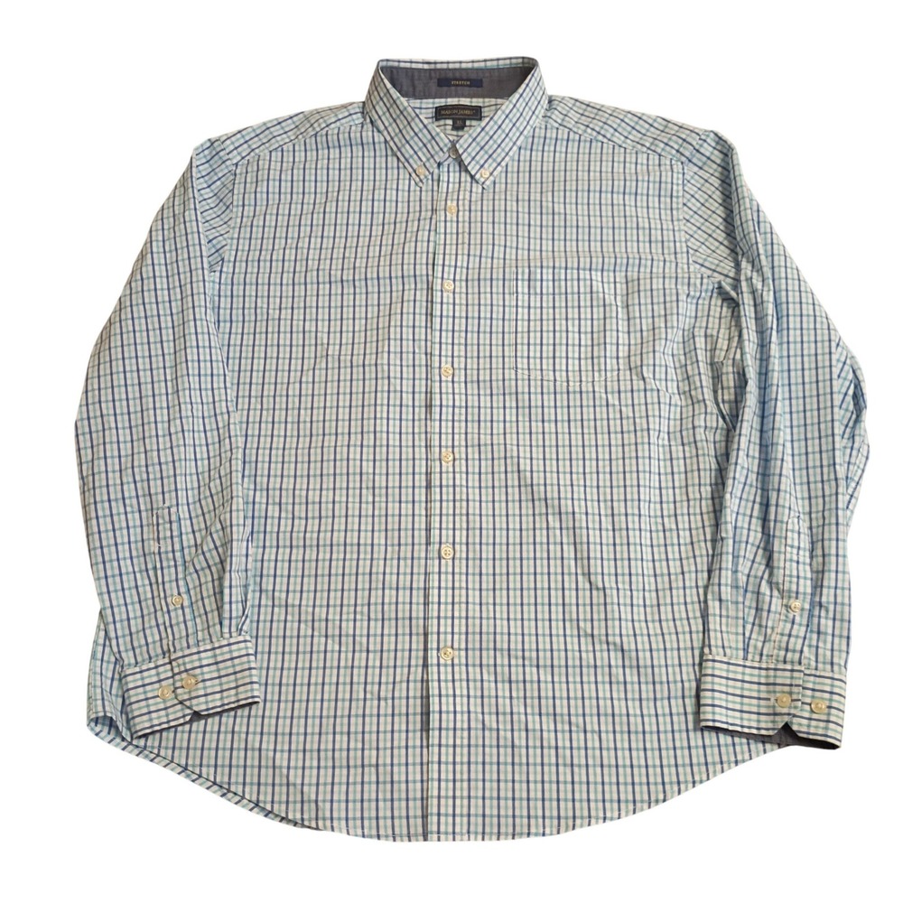 Mason James Button Down Shirt Mens XL Blue Plaid Stretch Long Sleeve Pocket